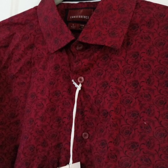 Consequence Red Button Up Shirt Floral Paisley Slim Fit Men’s Large Long Sleeve - Picture 8 of 10